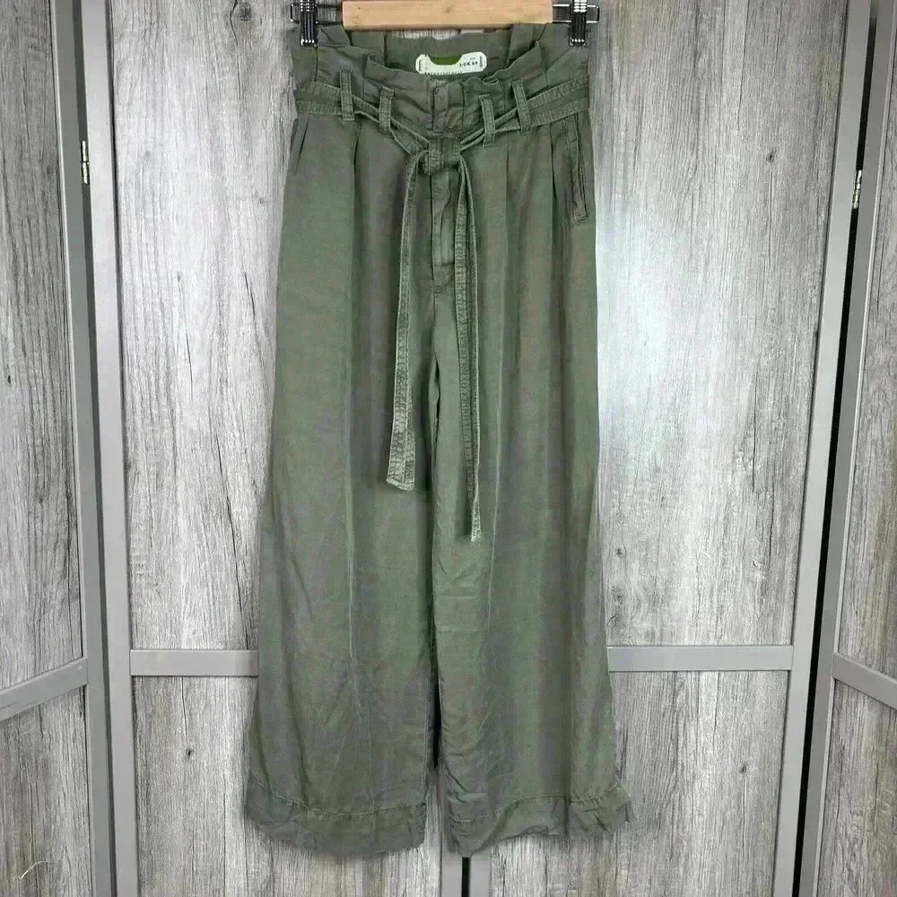 Anthropologie Pants Sz 2 Paper Bag Waist Wide Leg Chambray Wide Leg Green